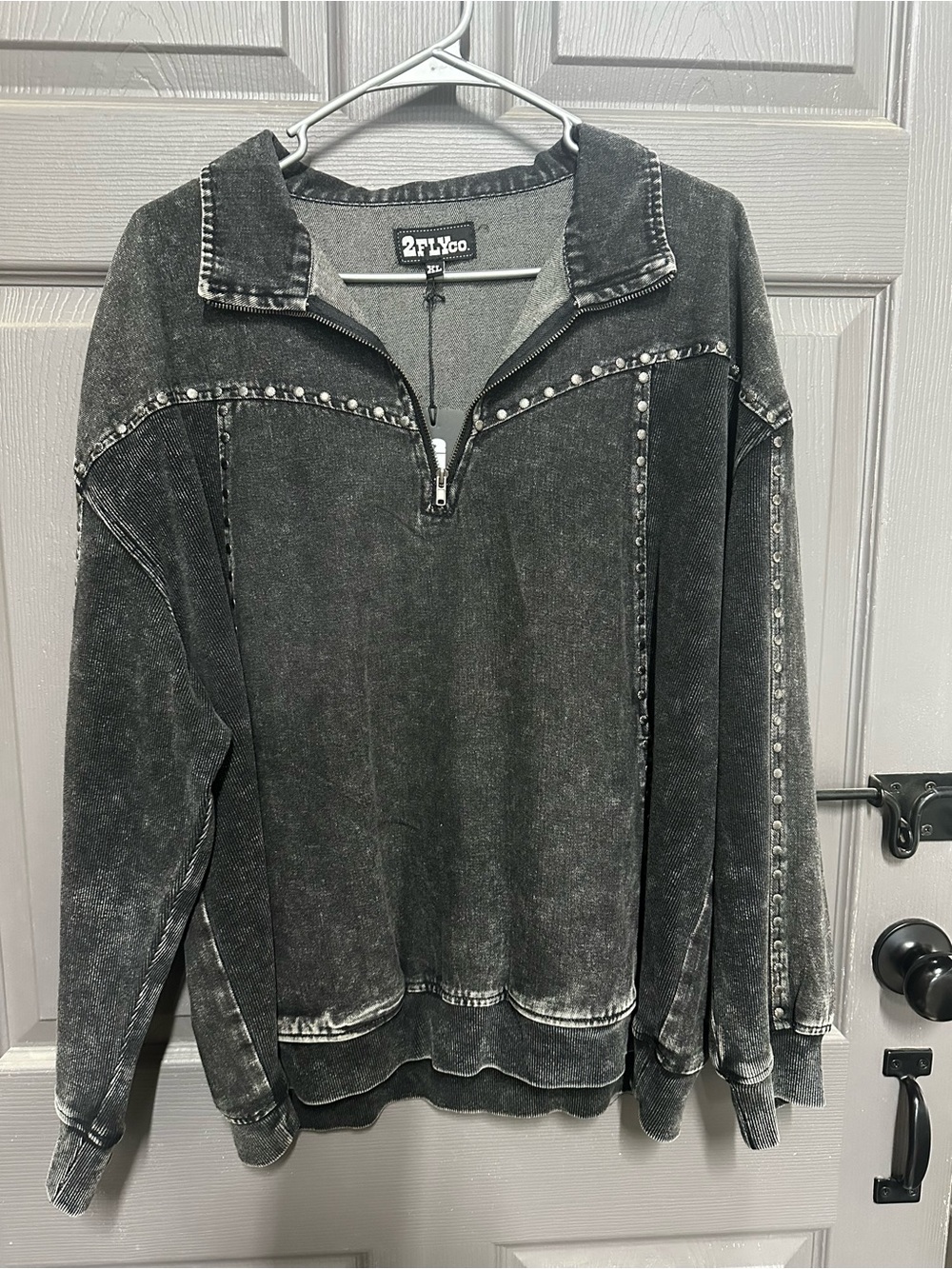 2Flyco Washed Black Stud-Trim Half-Zip Turtleneck Sweater